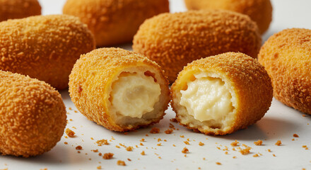 Warm inviting light illuminates freshly fried golden croquettes with a luscious creamy interior close up. AI Generated