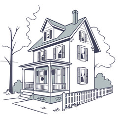 A charming classic two story american house with a welcoming front porch shutters and a white picket fence depicted in a clean illustrative line art style