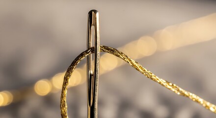 Close up macro shot of a sewing needle with golden thread being threaded through its eye against a blurred background