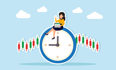 Businesswoman working on a laptop while sitting on a clock near candlestick charts representing stock market opening hours