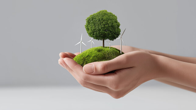 Close-up of hands holding a green planet featuring wind turbines and a thriving tree against grey background, symbolizing clean energy, renewable resources, sustainability, eco-friendly future and env