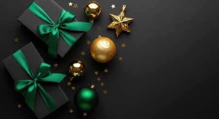 Elegant christmas composition with black gift boxes and festive decorations