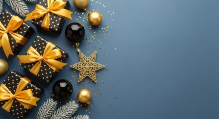Christmas gifts and decorations on blue background with copy space