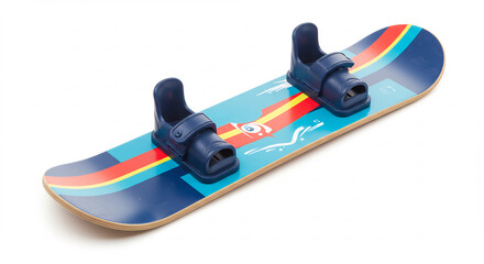 Vibrant mini snowboard with blue bindings playfully awaits winter adventures on a clean bright white studio floor. AI Generated