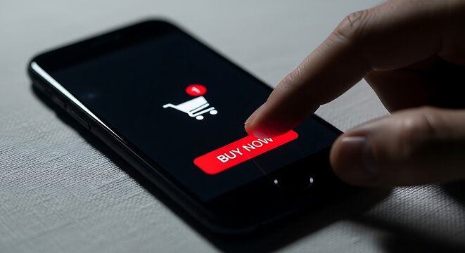Online Shopping with Mobile Phone - Finger Tapping Buy Now Button.