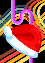 Retro 70s Background with Santa Claus Hat. Groovy xmas 1970s art template. Minimalistic Vintage design poster. Old-fashioned color artwork.