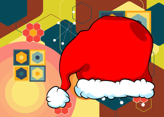 Retro 70s Background with Santa Claus Hat. Groovy xmas 1970s art template. Minimalistic Vintage design poster. Old-fashioned color artwork.