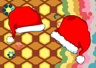 Retro 70s Background with Santa Claus Hat. Groovy xmas 1970s art template. Minimalistic Vintage design poster. Old-fashioned color artwork.