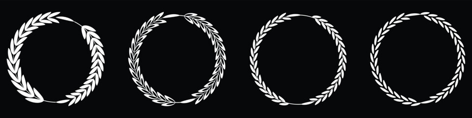 Laurel wreath icon vector. Laurels wreaths, swirls, twigs and flower ornaments, certified, badge, trophy, award, winner round emblem, logo. Vector illustration.