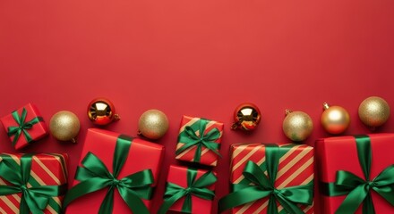 Elegant christmas presents and sparkling ornaments on a red backdrop