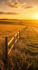 Obraz premium Golden Path of Serenity: A scenic countryside road, flanked by a rustic wooden fence and vast golden fields, winds its way into the distance under the warm, radiant glow of the setting sun.