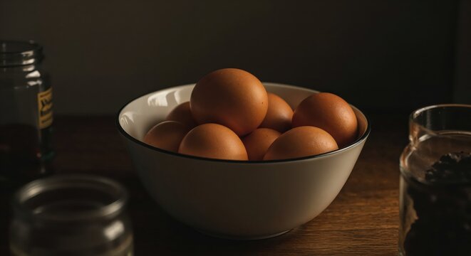 Rustic Egg Still Life: A humble bowl overflowing with fresh, brown eggs sits on a weathered wooden surface, bathed in soft, natural light, invoking a sense of simplicity and wholesome food. - Powered by Adobe