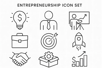 Entrepreneurship Icon Set: A collection of concise line-art icons that embody the spirit of enterprise, innovation, and business acumen. Each symbol represents a facet of the entrepreneurial journey.