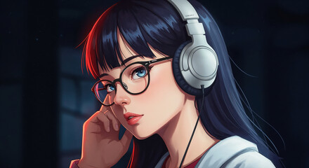 Melody in the Moment: A captivating woman with headphones on, wearing spectacles, immersed in music and thought, lost in the rhythm and the sounds.