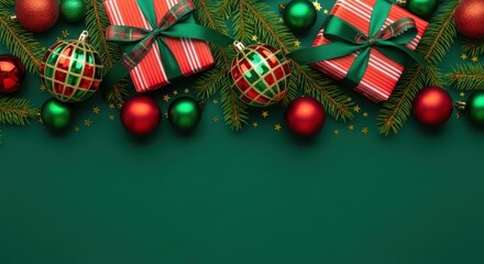 Christmas border with festive decorations, gifts, and fir branches on green