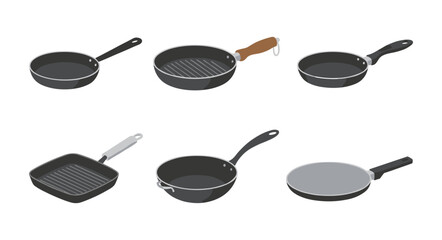 Different types of cooking fry pans and grill skillets