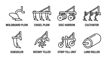 Agricultural implements icons set. land cultivation tools. farm machinery collection. plow, harrow, tiller
