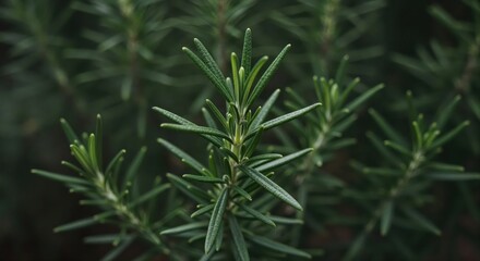 Fototapeta premium Rosemary in Close-Up: A detailed, vibrant portrayal of a fresh rosemary plant. Capturing its aromatic essence and intricate texture of green leaves