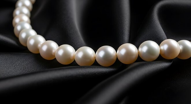 Elegant strand of lustrous white pearls draped gracefully across a luxurious black satin fabric background