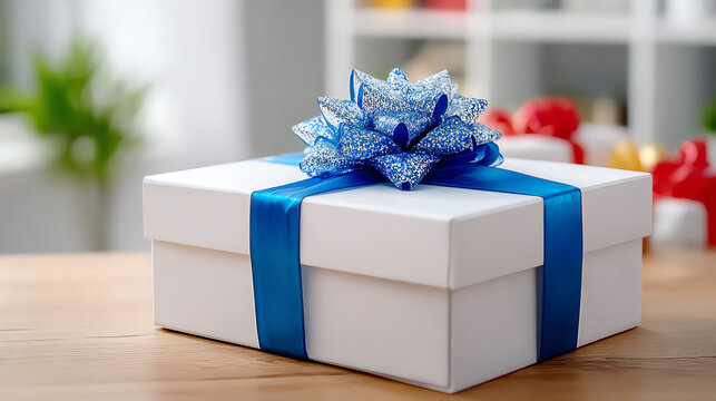 A beautifully wrapped gift box with a shimmering blue bow sits on a wooden table, perfect for celebrations and special occasions.