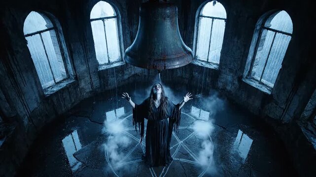 Woman beneath bell performing ritual in dim gothic building interior