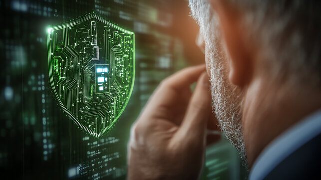 A businessman contemplates cybersecurity solutions with a digital shield symbolizing protection against cyber threats.