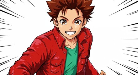 Anime-Style Action Illustration: A spirited young male, radiating energy and determination, bursts forward with an exhilarating rush, capturing the essence of dynamic motion and unwavering resolve.