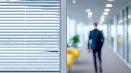 A businessman walks through a modern office space, showcasing professionalism and a contemporary work environment.
