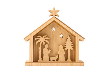 Christmas Scene: A detailed depiction of the Nativity scene is presented, cut from wood, portraying the holy family in a heartwarming embrace