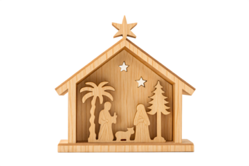 Christmas Scene: A detailed depiction of the Nativity scene is presented, cut from wood, portraying the holy family in a heartwarming embrace