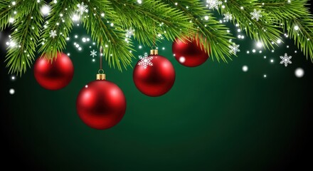 Christmas tree branch with red baubles and snowflakes on green background