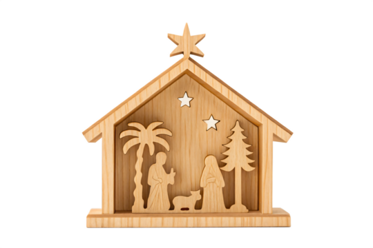 Christmas Scene: A detailed depiction of the Nativity scene is presented, cut from wood, portraying the holy family in a heartwarming embrace - Powered by Adobe