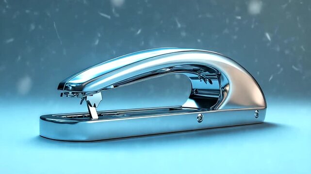 Shiny silver stapler on blue background with light