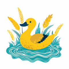Obraz premium Cute yellow duck swimming in a pond surrounded by golden reeds, a charming illustration.