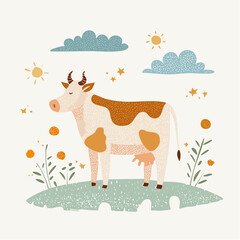 Fototapeta premium Cute cartoon cow with brown spots standing in a green field under a sunny sky with clouds and stars, surrounded by simple flowers and plants.