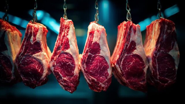Rows of hanging raw beef steaks glow under cold blue icy light in a dimly-lit butcher's meat locker