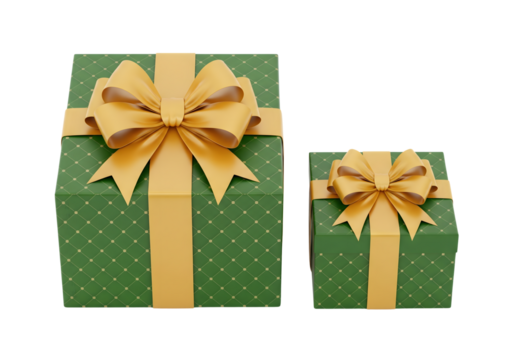 Two green gift boxes with golden ribbon and bows on a black background