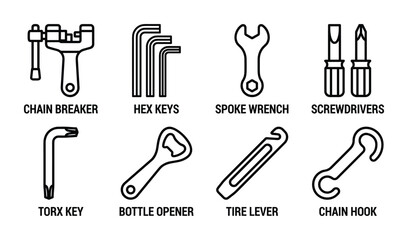 Bicycle repair kit line icons set. chain breaker, hex keys, spoke wrench, screwdrivers