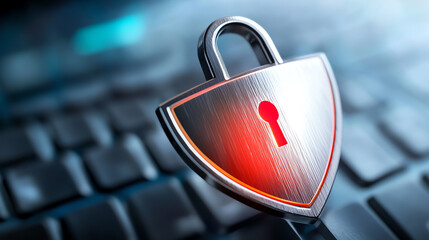 A close-up of a metallic padlock on a laptop keyboard, symbolizing digital security and protection against cyber threats.