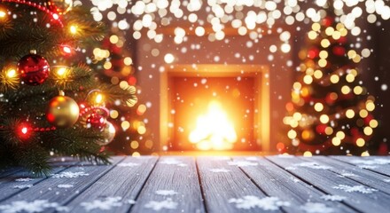 Christmas tree with fireplace and festive lights on a snowy wooden table