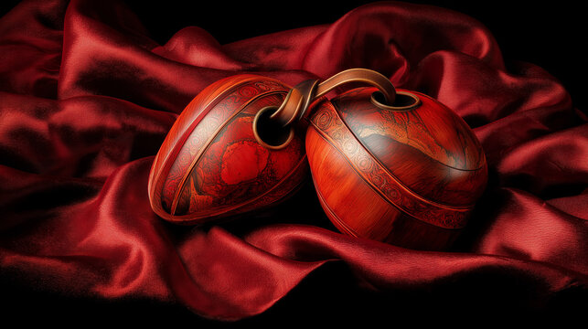 Castanets. Traditional castanets resting on crimson silk, glowing with candlelight and autumn foliage behind. Representing seasonal cycles and harvest abundance.