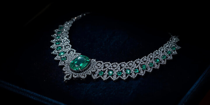 Sophisticated High-Resolution Emerald and Diamond Necklace Detail