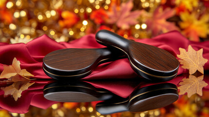 Castanets. Traditional castanets resting on crimson silk, glowing with candlelight and autumn foliage behind. Representing seasonal cycles and harvest abundance.