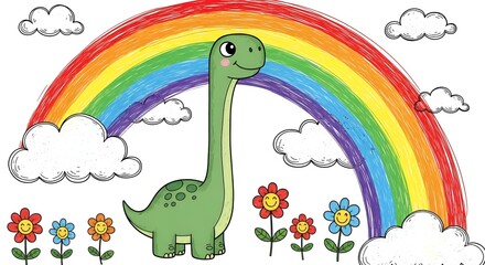 Obraz premium A friendly dinosaur smiles beneath a vibrant rainbow and cheerful cartoon flowers