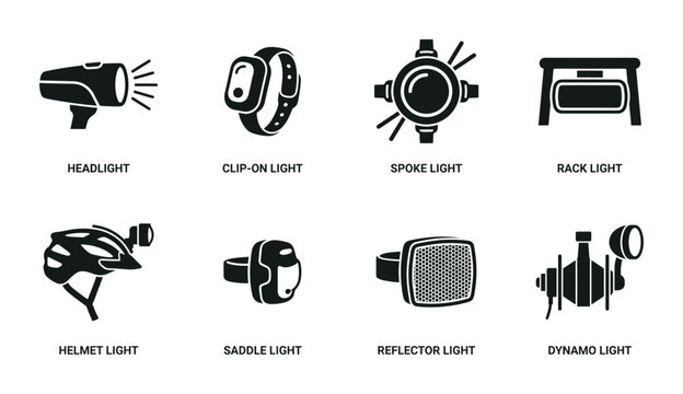 Bike cycle lights vector icons. Set of bicycle lamps, headlamps, and reflectors for bikes.
