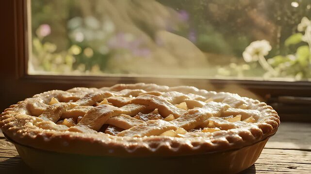 Close Up of Fresh Baked Apple Pie Steaming on Window Ledge
