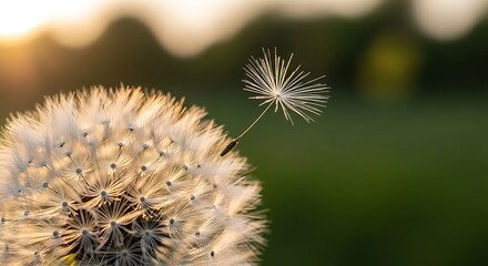 Close up of a fluffy dandelion seed head with a single parachute seed floating away in soft golden sunset light