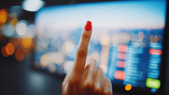 A close-up shot of a hand with red nails pointing at a digital screen displaying data and graphs, symbolizing technology and analysis.