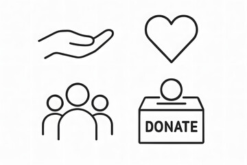 Charity Icon Set: A collection of simple, elegant icons representing donation, love, giving, and community. conveying themes of compassion and generosity.