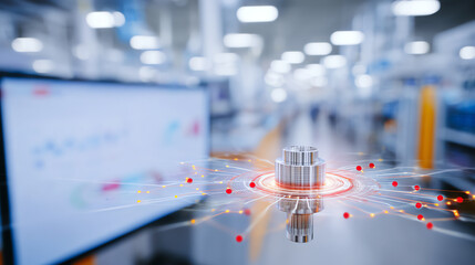 A close-up view of a metallic component with digital connections, symbolizing advanced technology in manufacturing.